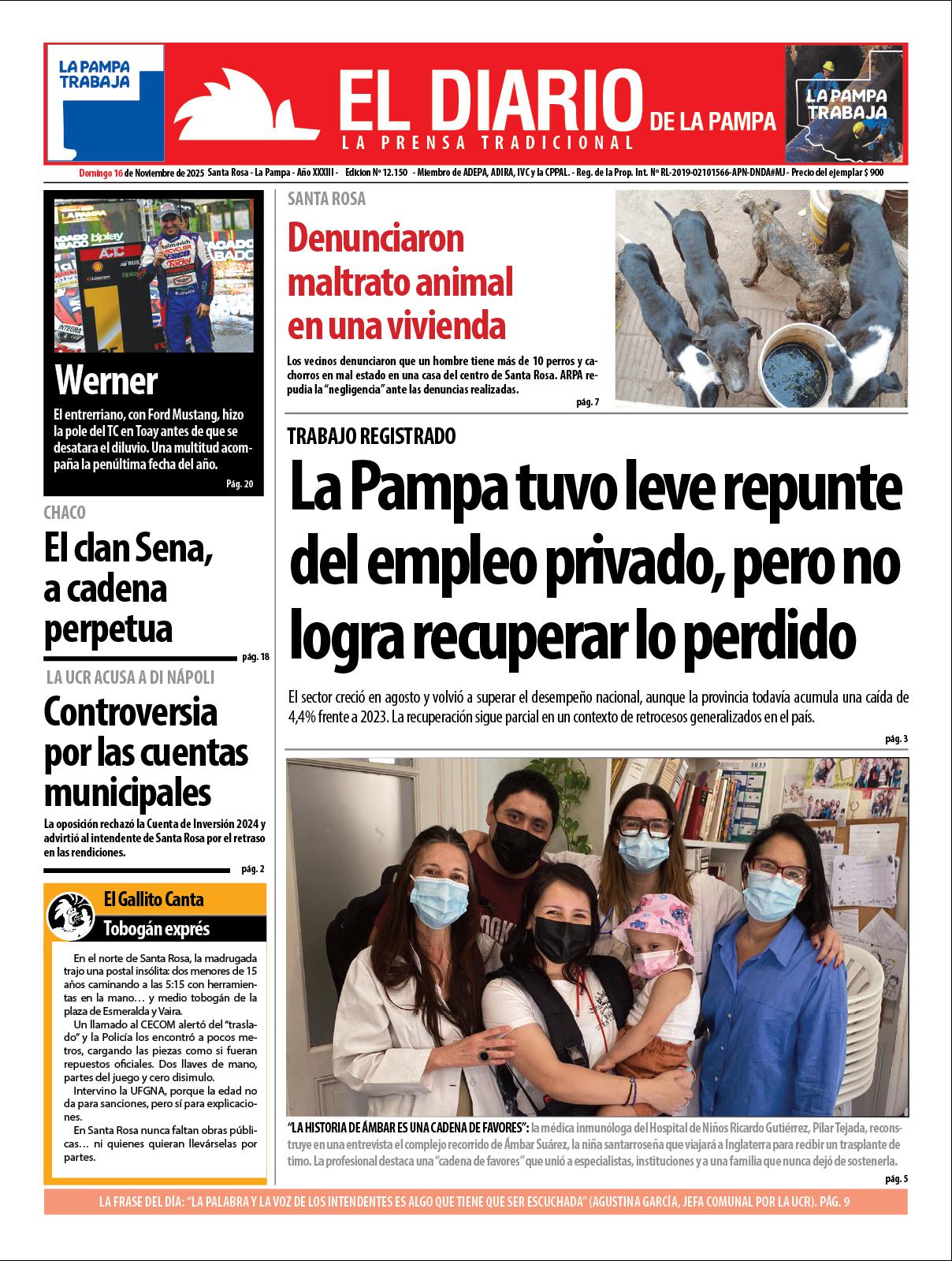 Tapa de El Diario en papel  domingo 16 de noviembre de 2025
